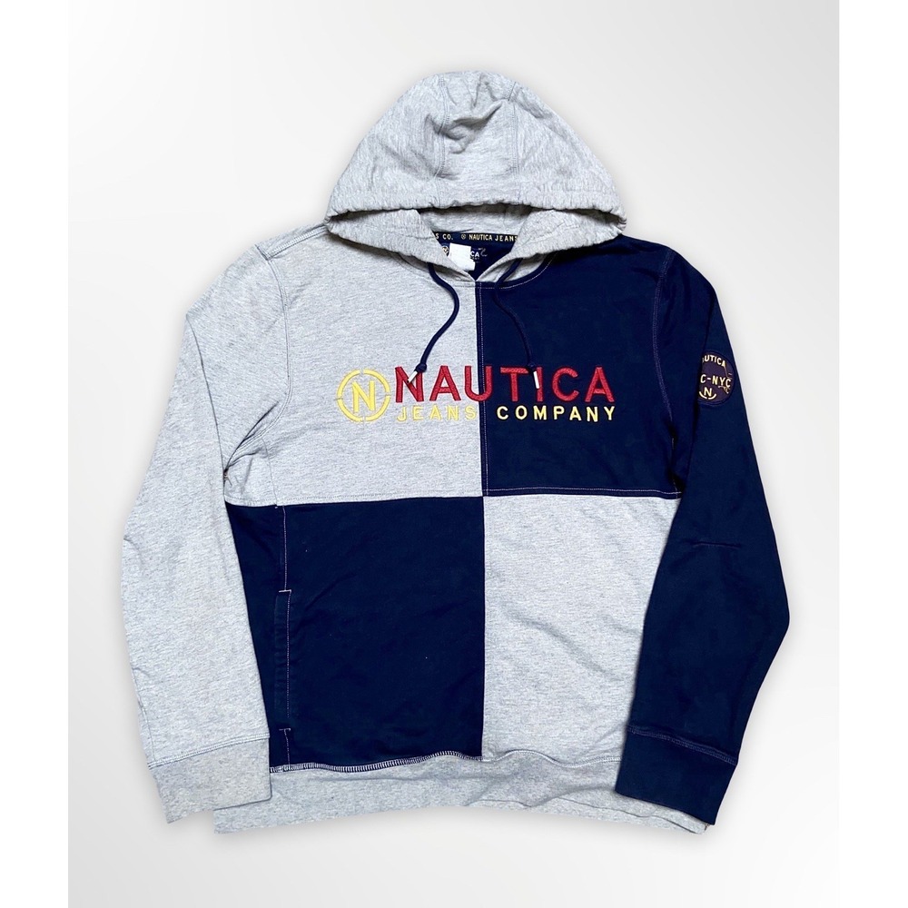 Nautica Jeans Company Colorblock Hoodie Mens L Gray Navy Spellout Logo Pullover